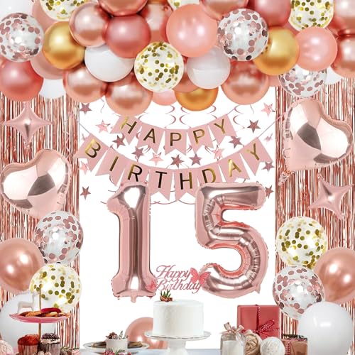 NANINUNENO 15th Rose Gold Birthday Party Decorations for Girls, Rose Gold Happy Birthday Banner, Fringe Curtains, Heart Foil Balloons, Confetti Balloons, Cake Topper for 15th Birthday Decorations