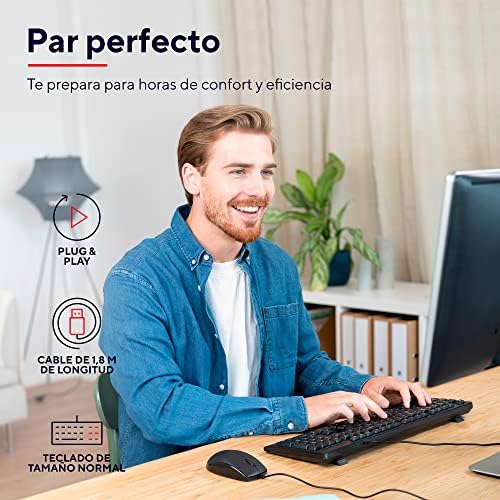Trust Taro Pack Teclado y Ratón con Cable – Disposición QWERTY Español, Cable de 1.8m, Conexión USB, Teclado Resistente a los Vertidos, Windows, Mac, PC, Ordenador Portátil, Negro