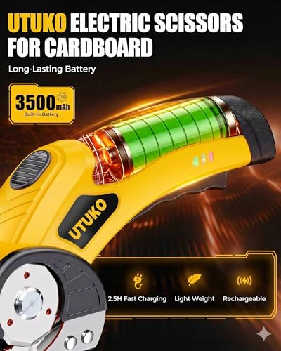 Image of Electric Cardboard Cutter, 800RPM High-Power Brushless Motor, 3500mAh Cordless Rechargeable Electric Scissors, Heavy Duty Box Cutter for Cardboard & Carton,Yellow