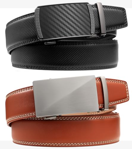 Image of Founders & C Mens Belt 2 Pack,Leather Ratchet Click Belt Dress with Slide Buckle 1 3 /8 inch in Gift Set Box- Size Adjustable