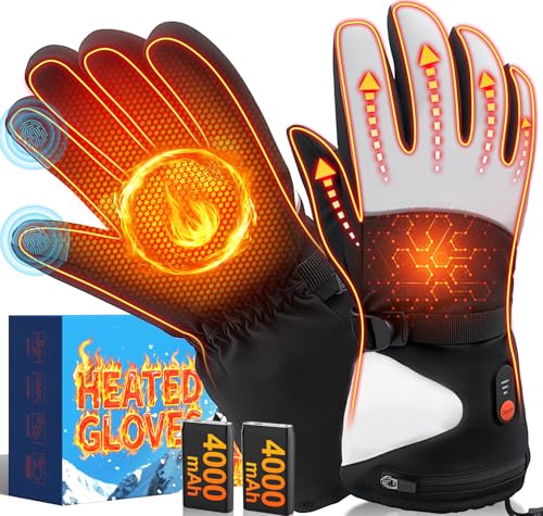 Heated Gloves for Men Women Upgraded 4000mAHx2 Rechargeable Heated Gloves with Touchscreen, Waterproof Non-Slip Electric Heating Winter Gloves for Skiing, Snowboarding, Hiking, Outdoor Work Sports