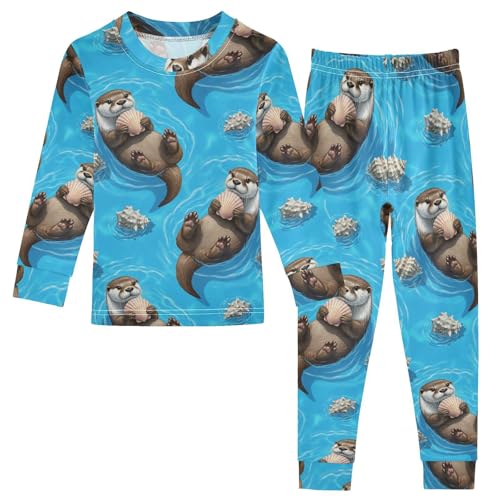 Pajama Sets Long Sleeve Otter Holding Shell Water Soft Comfy Sleepwear 2 Piece PJS 3-8T