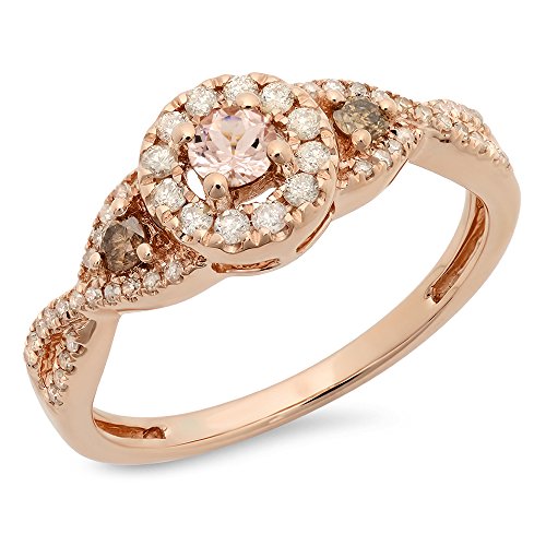 Dazzlingrock Collection Round Morganite,Champagne & White Diamond Womens 3 Stone Swirl Halo Bridal Engagement Ring, 10K Solid Rose Gold