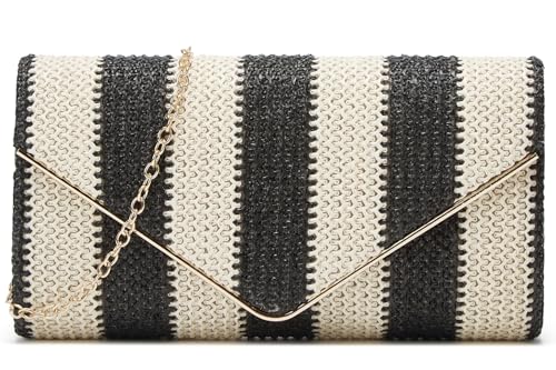Image of Straw Clutch Bag Women Summer Woven Handbag Striped Chain Crossbody Envelope Shoulder Boho Beach Evening Party Purse