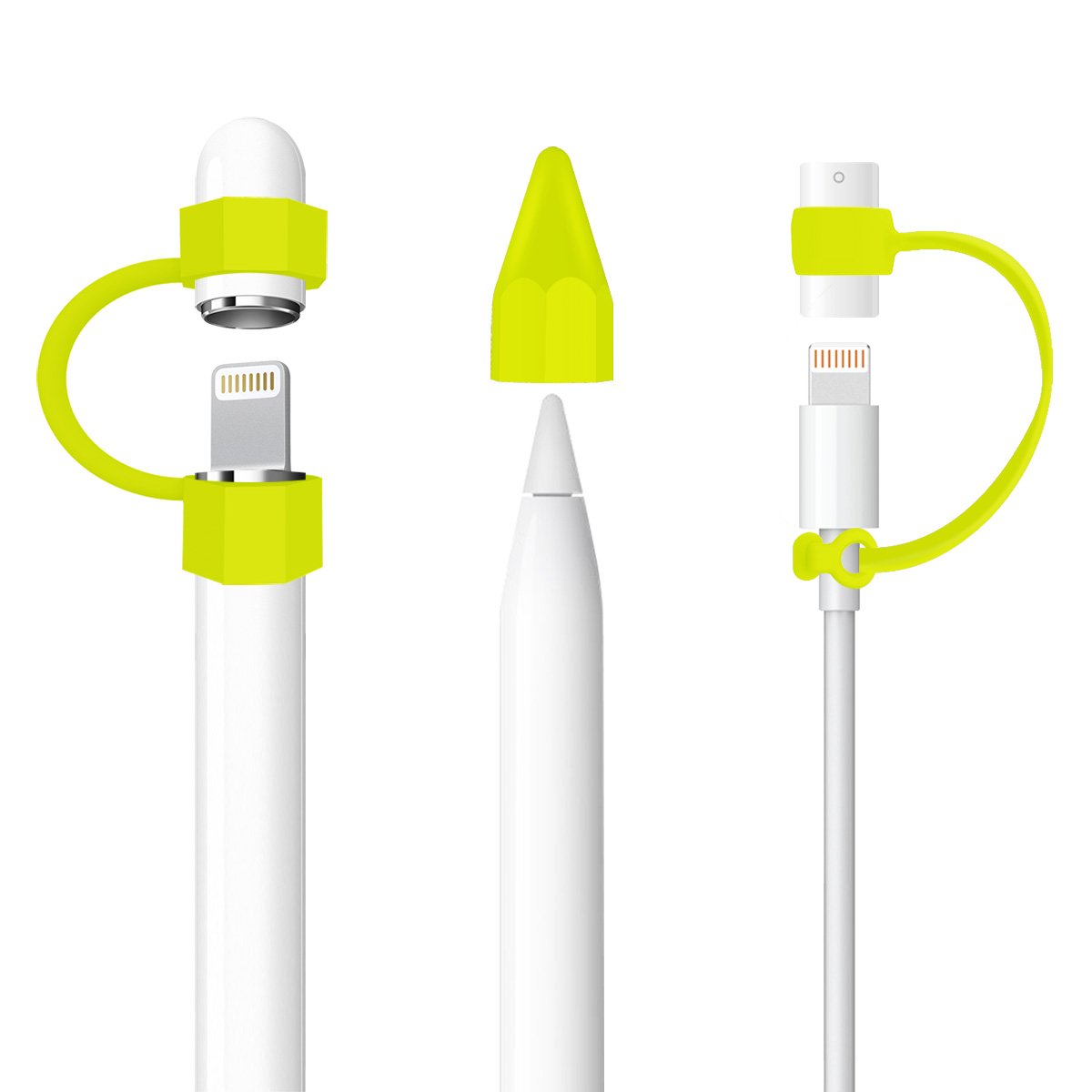 Hanlesi Apple Pencil Cap Holder,[3-Piece] Apple Pencil Accessories Protect Cap Soft Silicone Waterproof for Apple Pencil Holder Nib Cover/Charging Cable Adapter Tether,Fluorescent Green