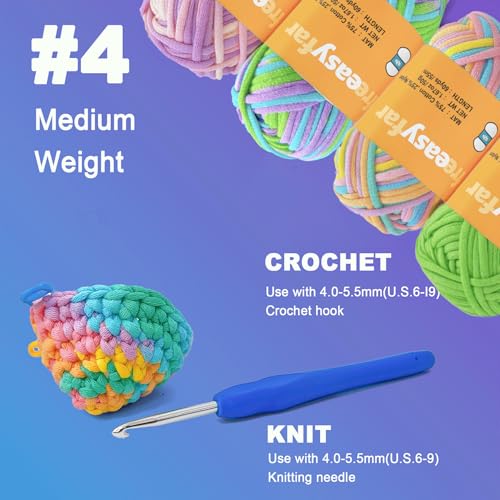 Image of 4x50g Beginner Easy Yarn Kit for Crocheting and Knitting; Worsted-Weight Medium #4;Crocheting and Knitting kit with Tool Set (Coral+Ocean+Periwinkle+Green, 4 Skein)