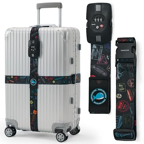 Image of Travelkin Luggage Straps for suitcases TSA Approved,Adjustable Luggage Belts with Lock Fit 18-32 inch Suitcases(World Marks-Colorful-TSA)