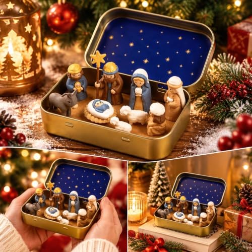 Mini Christmas Nativity Set in a Tin Box, Handcrafted Holy Family Figurines - image 8