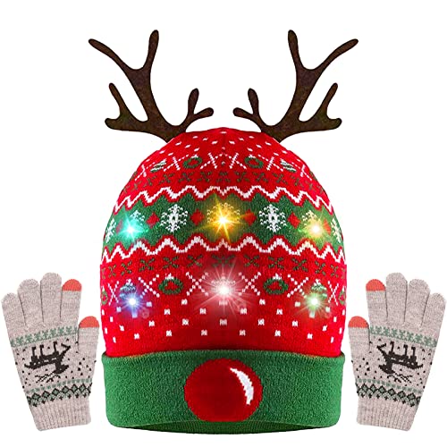 Huahuanghui Weihnachtsmützen Plüsch,Leuchten Sie Feiertags Kappen Weihnachtsbaum Muster Weihnachtsstrickmütze mit LED Lichtern,Bringen Sie EIN Paar Plüschhandschuhe mit Cover