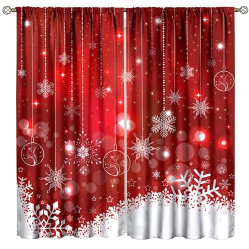 XBDDZSW Merry Christmas Curtains, Xmas Baubles Snowflakes Pine Trees Decors Xmas Holiday Theme Pattern Print Window Drapes for Bedroom Living Room Kitchen Decor,2 Panel Set,63x63 Inch Decor