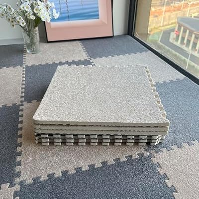 HoKiis 16 Pieces Plush Interlocking Square Carpet Floor Tiles,12x12 Inch Puzzle Piece Floor Mat,Puzzle Mat for Playroom,Living Room(Size:0.23 Inxh,Color:Dark Gray+Khaki)
