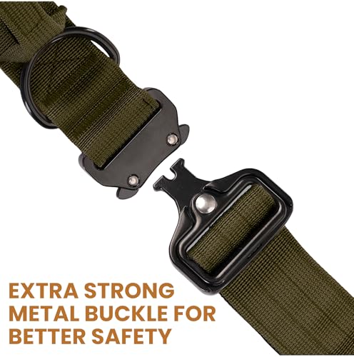 Image of Wooflix Metal Dog Collar for Training and Walks | Nylon Collar with Tactical Metal Buckle and D-Ring for Medium and Large Dogs | Dog Collar for Heavy Breed Dogs (Army Green T2, Large)