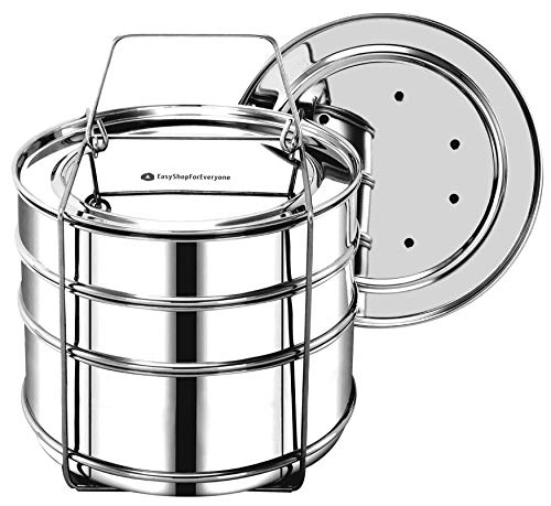 EasyShopForEveryone Stackable Steamer Insert Pans with 2 Lids Cook 3 Dishes at a time Pressure Cooker Accessories Pot in Pot Baking Casseroles Lasagna Pans - Compatible with 8qt Instant Pot