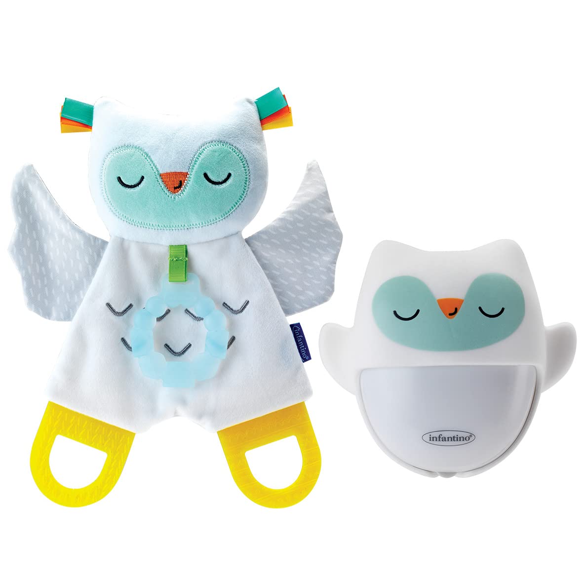Infantino Coffret Doudou Lumineux et Veilleuse Murale Nomade Rechargeable Chouette, s'Alllume Automatiquement dans le Noir, 60 Heures d'Autonomie