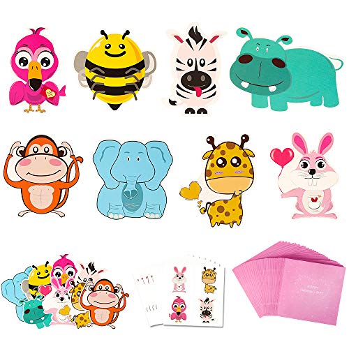 Valentines Cards for Kids 32 Pack, Valentines Day Cards with Temporary Tattoos and Envelopes, Animals Valentines Greeting Cards, Valentines Day Exchange Cards for Kids Classroom School Party Favors