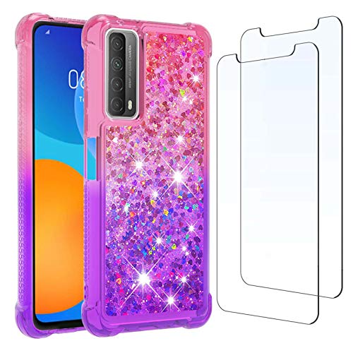 Funda para Huawei P Smart 2021 y [2 Pack] Protector de Pantalla, Glitter Liquida Purpurina Cristal Transparente Carcasa Brillante Arena Movediza Cover para Huawei P Smart 2021 (Rosa/Púrpura) Cover