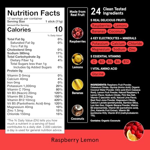 Image of DryWater Electrolyte + Vitamin Hydration Powder Packets, Raspberry Lemon (Stevia-Free), 1,000mg Potassium, Real Organic Fruit, NSF Certified Sport, Nothing Artificial, No Added Sugar (12 Stick Packs)