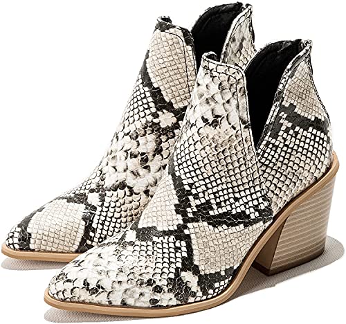 Kookmean Bottines pour femme, bottines tendance avec talons compensés à fermeture éclair, bout rond, bottes de cowgirl de combat, bottes découpées, Peau de serpent, 36 EU Cover