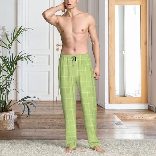 Mens Pajama Pants - Green Brown Hand Drawn Grid Print Soft Sleep Lounge Pants For Men, Casual Pj Bottoms With Pockets2