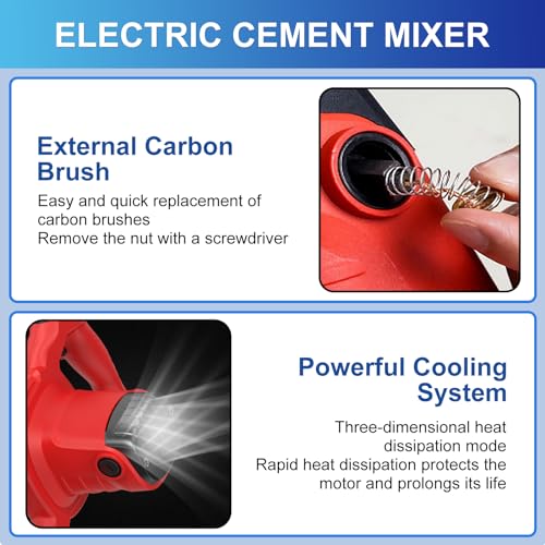 Vkdemer Electric Handheld Cement Mixer, 2pcs Mixing Heads Included, Portable Mortar Mixer with 6 Adjustable Speed, 110V Mud Mixer for Mixing Plaster,Cement, Paint, Fodder - Thumbnail 4