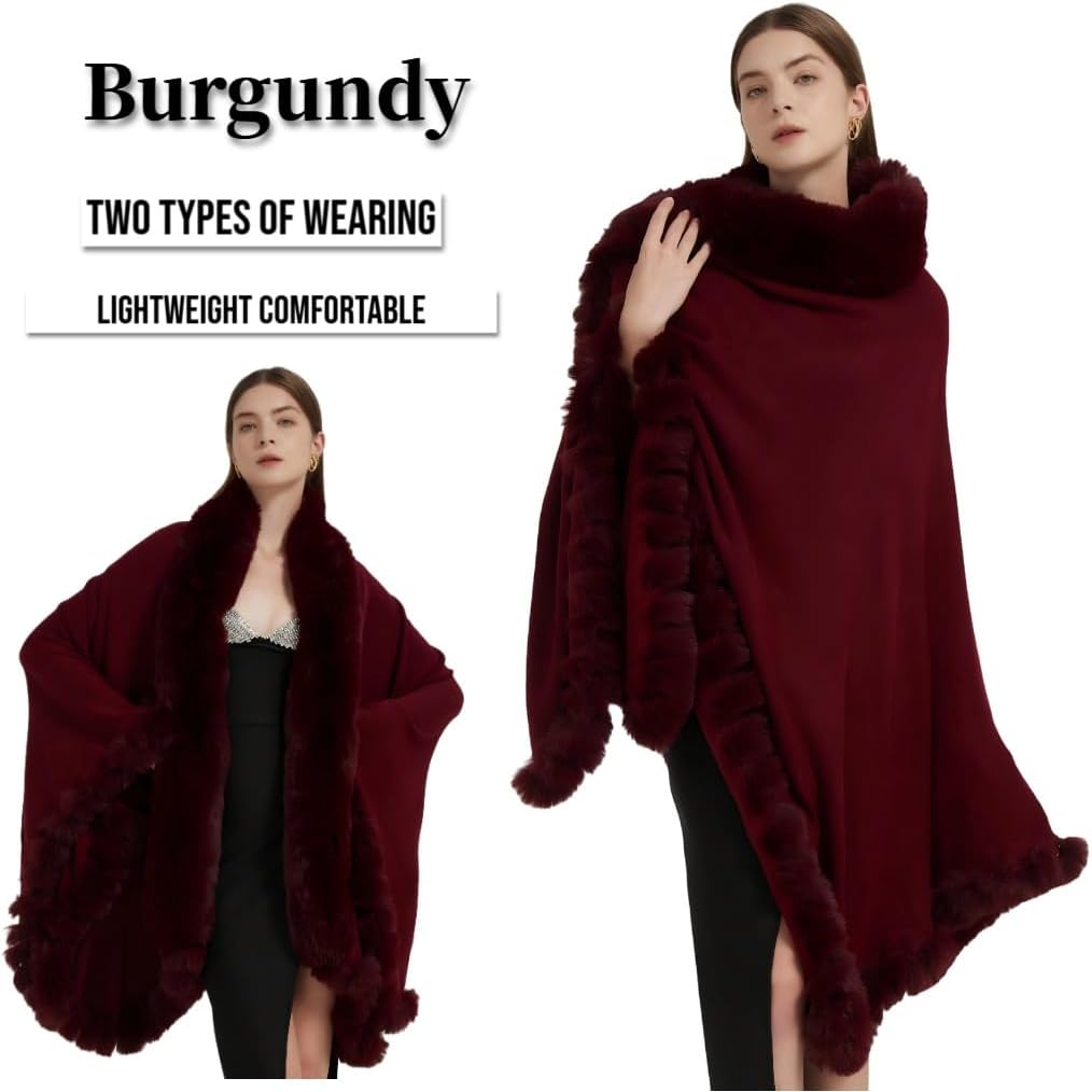 Faux Fox Fur Trim Cardigan Cloak Shawl Wraps Winter Poncho Oversized Cape - Image 3