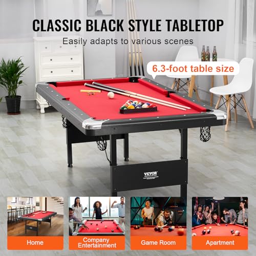 Image of VEVOR Folding Pool Table,Portable Billiards Tables, Foldable Space-Saving Entertainment Game Set Includes Ball, Cue, Rack, Chalk, Brush, Brown with Bule Cloth, for Family Use, Recreation Room