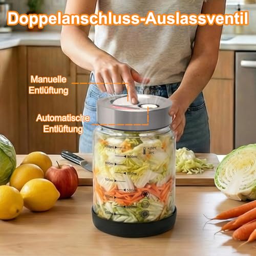 Fermentierglas 1L mit Deckel: 2 Stück Doppelanschluss-Auslassventil Gärglas für Haushaltsfermenter- Sauerkraut Fermentationsglas mit Präzisionswaage-Rutschfest Einmachglas für Gurken und Radieschen