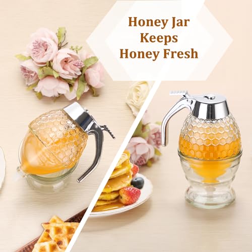 SUMNACON Honigspender aus Glas, Honigbehälter mit Ständer und Griff, Honigtopf mit Dipper, Syrup Spender, Leicht zu reinigende Honiggläser, Honigdose für Frühstückstisch, Küche, Dessertladen 8oz