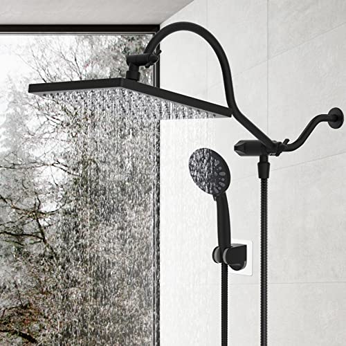 Hibbent 10 Inch High Pressure Rainfall Shower Head/Handheld Showerhead Combo With 12 Inch Adjustable Curved Shower Extension Arm,7-Spray,71-Inch Hose Adhesive Showerhead Holder,Matte Black #TOP6