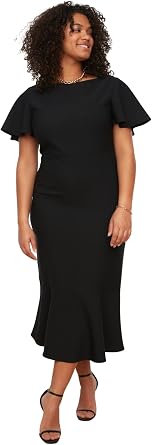 Trendyol Womens Crew Neck Flute Sleeve Black Plus Size Dress