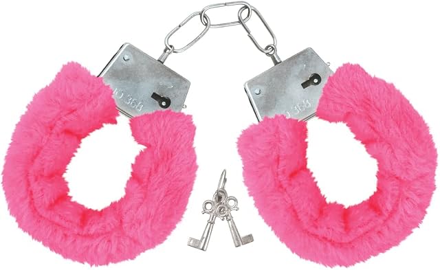KOC Pink Fur Handcuffs Women's with Keys Set Fluffy Soft Plush Silver Metal Comfortable Hen Night Fancy Dress Up Police Cosplay Costume Props Accessories Adults Play Party Toys Supplies