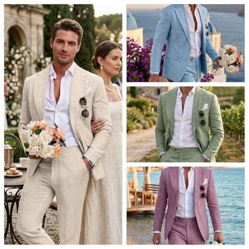 Image of Men's Linen Suit 2 Piece Slim Fit Summer Beach Wedding Prom Party | Breathable,Linen Blazer Suit Set,for Beach Weddings,Groom Wear,Prom and Outdoor Parties,Business Casual,Vacation Daily Wear