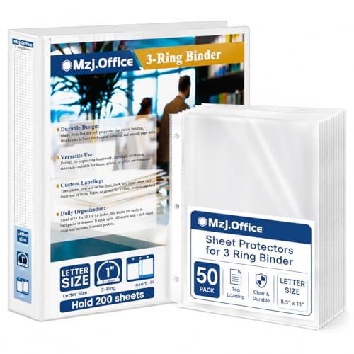 Mzj.Office 1 Inch Binders 3 Ring Set, White 1" Round + 50 Sheet Protectors