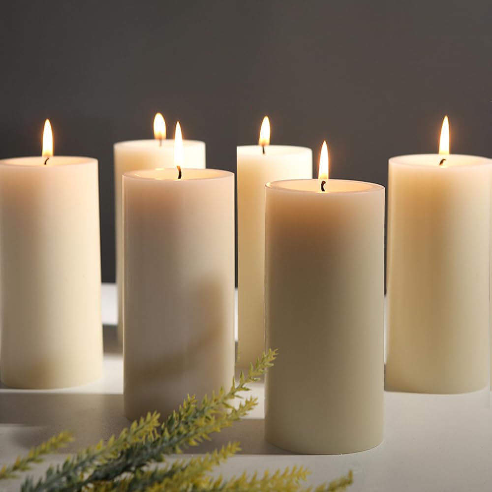 2.8x6 Pillar Candles Set of 6, Unscented Ivory Pillar Candles Bulk, Dripless and Long Clean Burning Pillars Candles, Smokeless Dinner Table Pillar