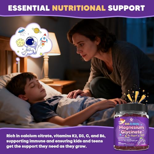 Image of Sugar Free Magnesium Glycinate Gummies for Kids & Adults - Zzz Support, Relaxation & Cognition Support, 200 /400mg Magnesium Gummies with L-Theanine, GABA, Calcium, B6, D3, C & K2, Grape Flavor, 60 Ct