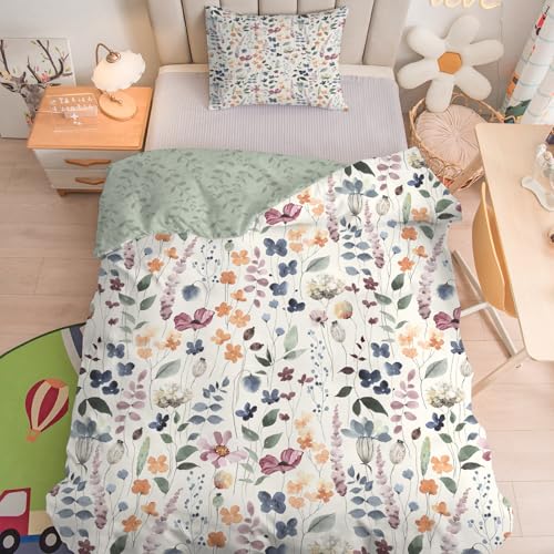 Linfye Parure de lit pour Enfant et BéBé Beige Fleuri Housse de Couette 100x135 cm Bebe et Taie d'oreiller 40x60 cm, Imprimé Botanique Réversible Ensemble de Literie Linge de Lit pour Tout-Petits