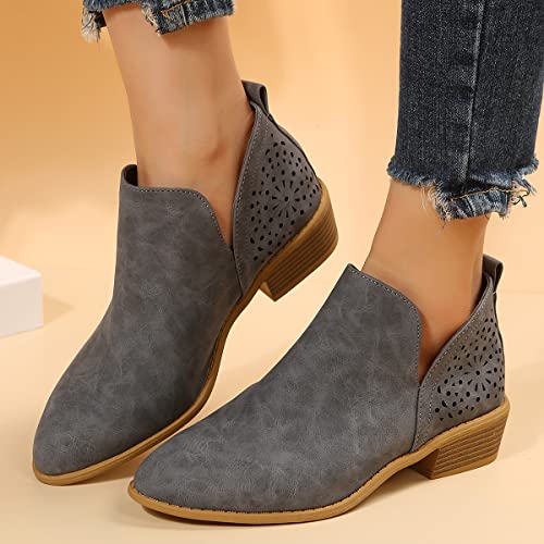 JITUUE Ankle Boots for Women Casual Cut Out Slip On Low Heel Short Chunky Stacked Heel Perforated Side V Cut Western Booties Cutout Shoes(Grey,US 6 — view 5