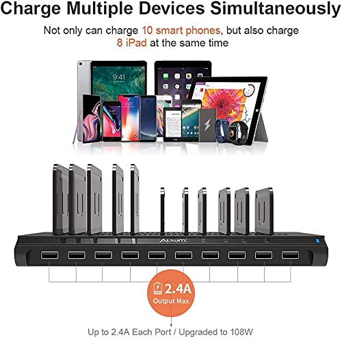 Alxum iPad Charging Station, 108W 10 Port Phone Docking Station & Organizer with Adjustable Dividers and Smart IC, Multi Devices USB Charger Dock for iPhone, Samsung Galaxy, Cell Phone, Apple, Tablet - Thumbnail 2