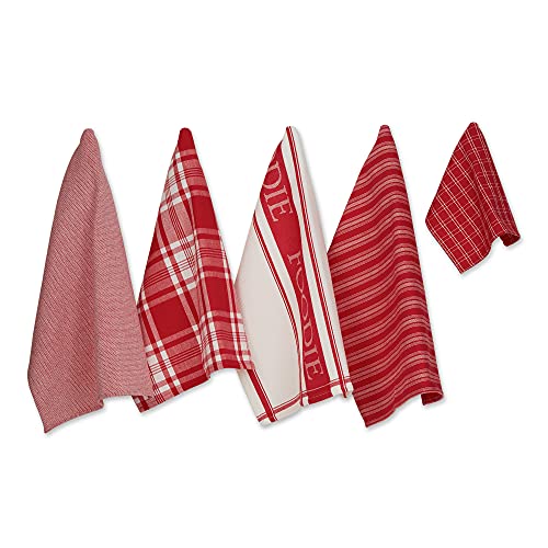 DII Everyday Collection Foodie Kitchen Set, Dishtowel & Dishcloth, Red, 5 Piece