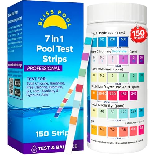 Pool Test Strips 7 in 1 (150 Strips), Easy & Accurate Swimming Pool Water Strips, Testing for pH, Alkalinity, Free Chlorine, Total Chlorine, Bromine, Hardness & Stabilizer