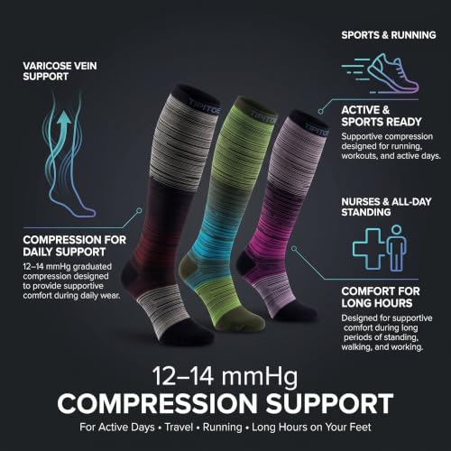 Image of Tipi Toe 3 Pairs Patterned Compression Socks for Women & Men, 12-14 mmHg Mild Support for Circulation & Swelling, Knee High
