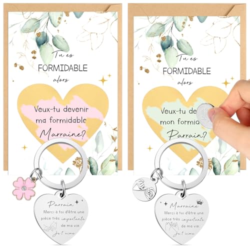 Jadive Set de Cadeau pour Marraine Parrain 2 Porte-Clé Marraine Parrain 2 Carte à Gratter Demande marraine 2 Autocollant à Gratter 2 Enveloppe Annonce...