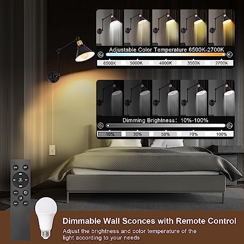 Image of TRLIFE Dimmable Wall Sconce, Remote Control Plug in Wall Sconces Dimming 10%-100% and Adjustable Color Temperature 2700K-6000K, Swing Arm Wall Lights with Plug in Cord, UL Listed(2 Pack, 2 Bulbs)