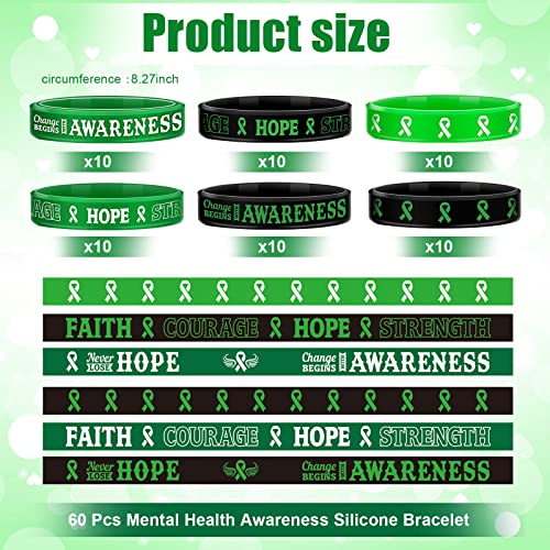 Sosation Mental Health Awareness Bracelet Green Awareness Ribbon Silicone Bracelets with Inspirational Saying Unisex Depression Bracelet for Women Men, 6 Styles2