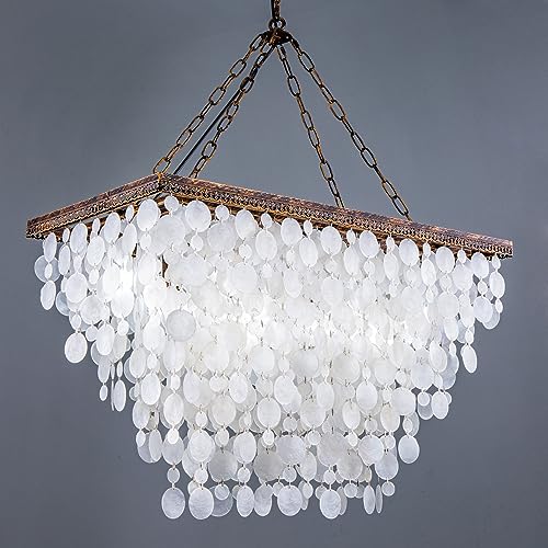 Wellmet 9 Lights Capiz Shell Chandelier, Dining Room Coastal Light Fixture, Modern Rectangle Seashell Ceiling Hanging Light for Kitchen, Living Room, Bronze Finish, L-32 inches - Image 9