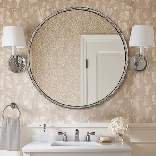 Image of ANDY STAR 36 Inch Hand-Forged Round Mirrors with Metal Frame, Silver Solid Steel Hammered Round Wall Mirrors, Antique Circle Mirror for Bathroom, Vanity, Metal Frame, Anti-Rust, Vintage