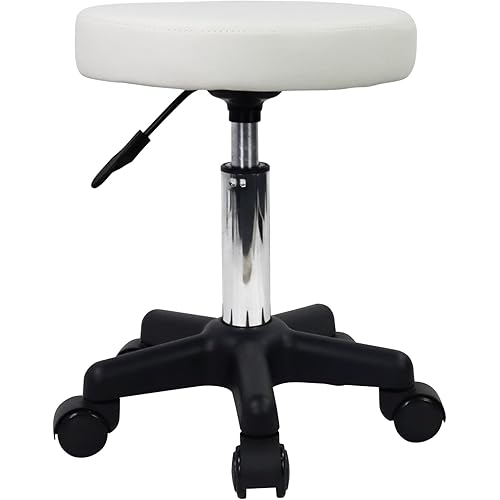 FURWOO Round Rolling Stool Height Adjustable Stool with Wheels for Spa Salon Massage White