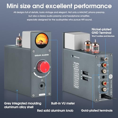 Douk Audio Tube Phono Preamp: HiFi MM/MC Turntable Preamplifier | Headphone Amp with AUX Input | VU Meter for Record Players, Vinyl Systems Audiophiles (T4 Plus)
