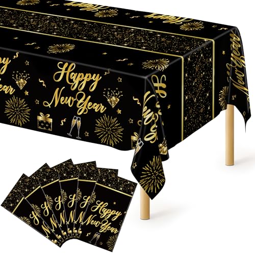 Image of 6 Pcs Happy New Year Tablecloth, 108 inch x 54 inch Rectangle Table Covers for New Years Eve Party Supplies, Black and Gold Firework Nye Tablecover 2026, Holiday Table Cover for NYE Party Supplies 2026 Decor