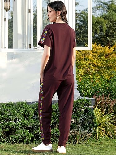 Image of ZEYO Night Suit for Women's Typography Printed Cotton Night Dress of Top and Joggers